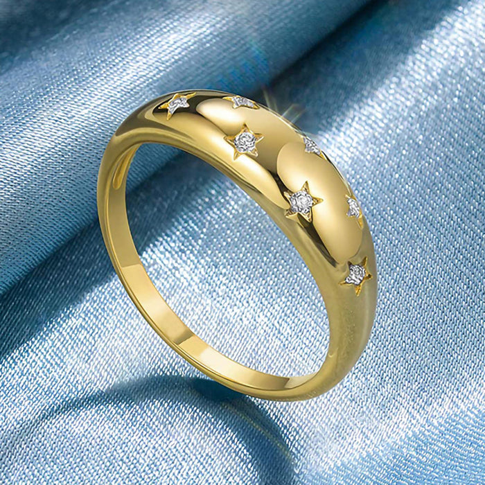 Star And Clear Stone Domed Band Ring In Polished Gold Tone