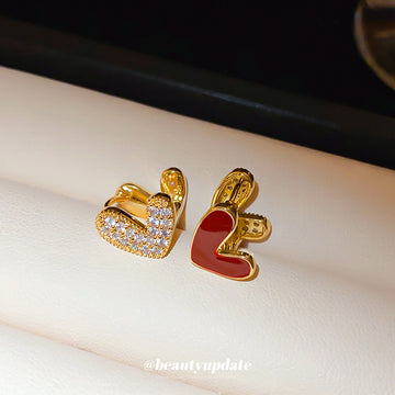 Red Enamel and Crystal Double Heart Huggie Earrings