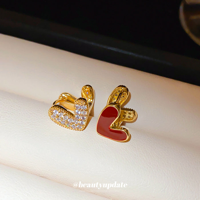 Red Enamel and Crystal Double Heart Huggie Earrings