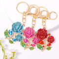 Rhinestone Rose Branch Keychain Gold Tone Three Flower Colors view 1
