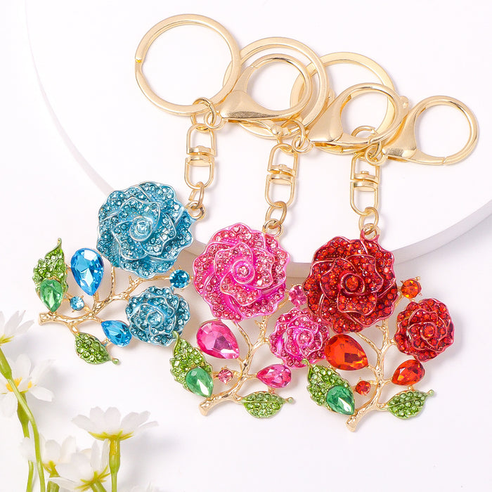 Rhinestone Rose Branch Keychain Gold Tone Three Flower Colors