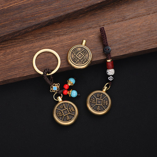 Brass Wu Di Coins and Gourd Rotating Keychain Ornament