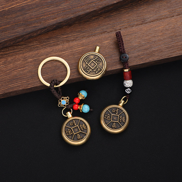 Brass Wu Di Coins and Gourd Rotating Keychain Ornament
