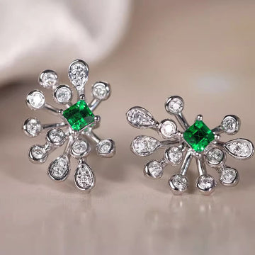 Silver Tone Green Square Crystal Floral Stud Earrings