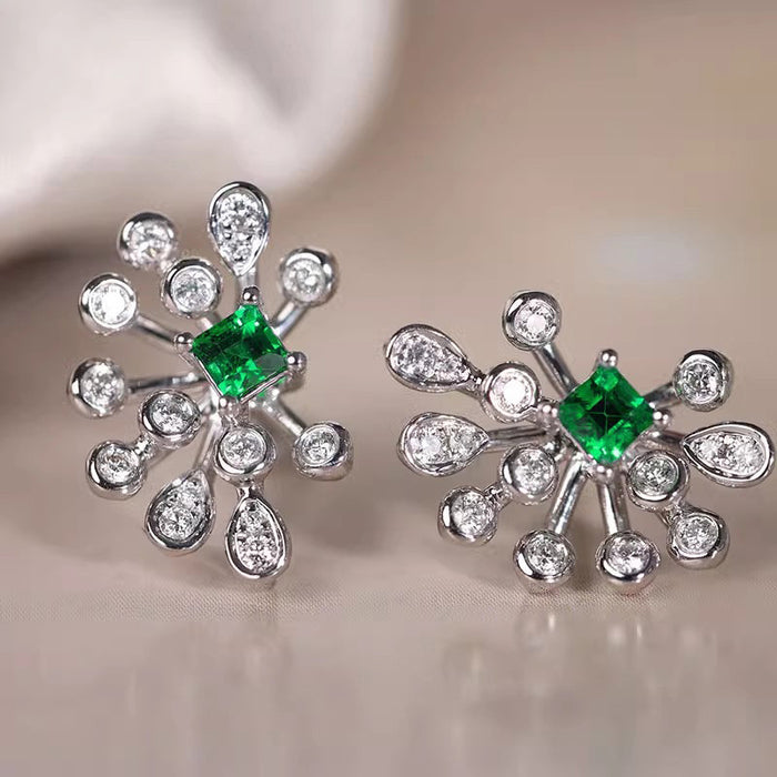 Silver Tone Green Square Crystal Floral Stud Earrings