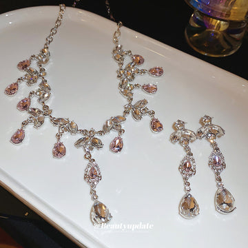 Silver Tone Pink Branch And Teardrop Crystal Necklace And Earrings