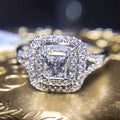 Square Crystal Double Halo Ring With Slim Band in Silver Tone view 2