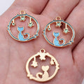 Gold Tone Cat and Stars Open Circle Enamel Pendant Charm view 1