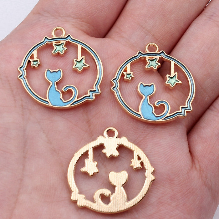 Gold Tone Cat and Stars Open Circle Enamel Pendant Charm
