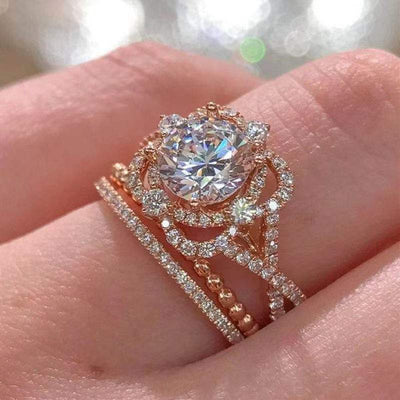 Rose Gold Tone Layered Petal Halo Clear Stone Ring - front product view