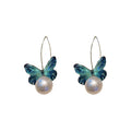 Blue Butterfly Hoop Drop Earrings with Round Faux Pearl Accent view 5