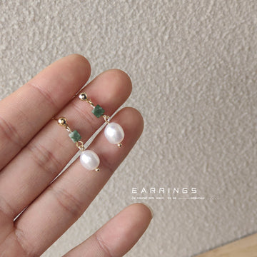 Gold Stud Freshwater Pearl Green Stone Drop Earrings