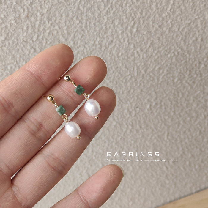 Gold Stud Freshwater Pearl Green Stone Drop Earrings