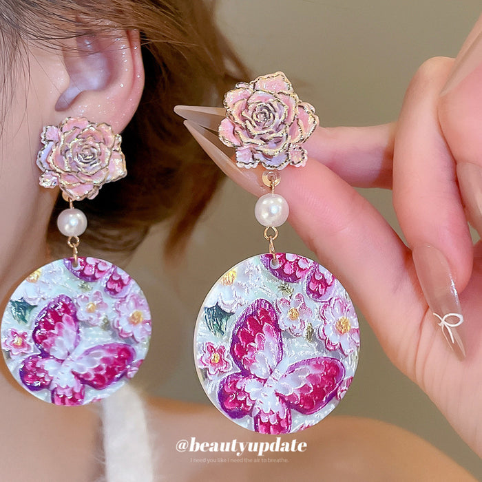 Pink Butterfly Floral Disc Rose Stud Drop Earrings