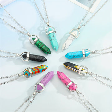 Silver Tone Hexagonal Bullet Crystal Pendant Necklaces in Nine Patterns