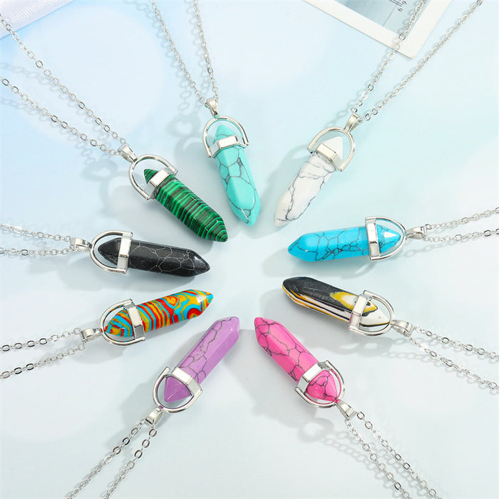 Silver Tone Hexagonal Bullet Crystal Pendant Necklaces in Nine Patterns