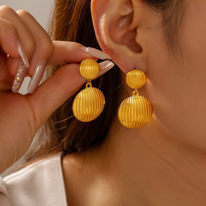 Ribbed Double Disc Drop Earrings Gold Steel Metal Stud Posts