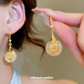 Gold Tone Heart Cuff and Floral Disc Drop Earrings view 3