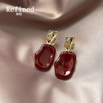 Wine Red Glossy Enamel Drop Earrings Gold Tone Textured Posts