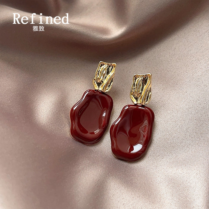 Wine Red Glossy Enamel Drop Earrings Gold Tone Textured Posts