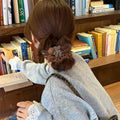 Coffee Brown Ruffle Scrunchie With Leopard Bear And Gray Pom view 2