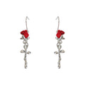 Silver Fishhook Earrings Red Rose Bloom Metal Stem Drop view 5