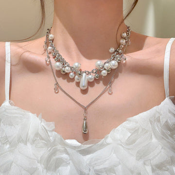 Silver Tone Layered Pearl and Teardrop Statement Necklace