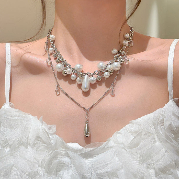 Silver Tone Layered Pearl and Teardrop Statement Necklace