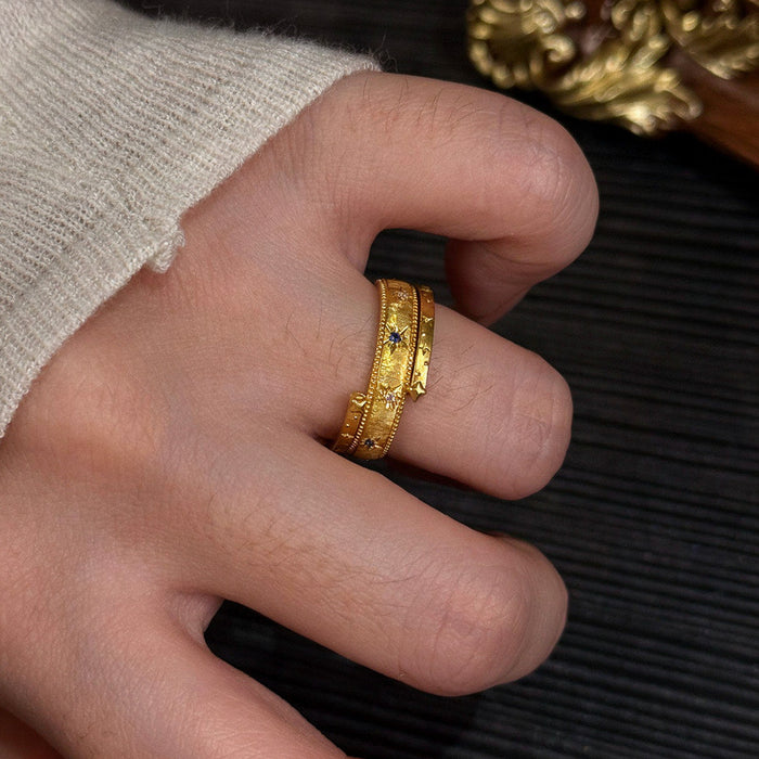 Matte Gold Double Band Open Ring Star Blue Accents