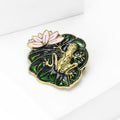 Gold Tone Frog on Green Lily Pads and Pink Lotus Brooch view 2