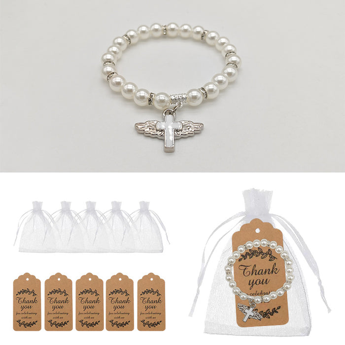 White Pearl Stretch Bracelet Winged Cross Charm Metal Charm