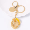 Yellow Enamel Lemon Keychain Rhinestone Leaf Gold Clasp Cord Option view 4