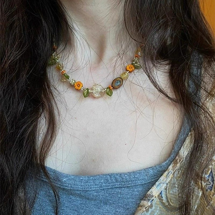 Multicolor Flower Leaf Bead Necklace Seed Bead Strand