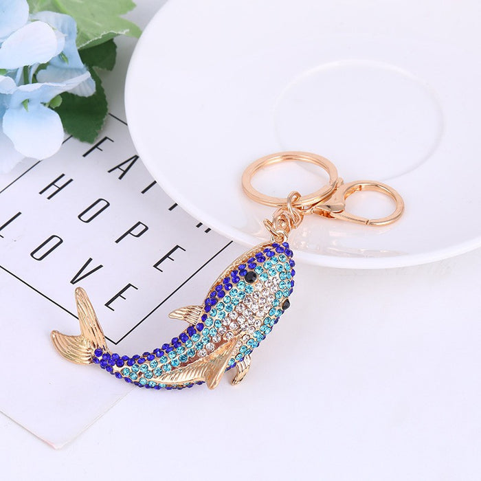 Blue Rhinestone Shark Fish Keychain Gold Tone Metal Hardware