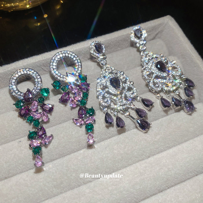 Purple and Green Crystal Chandelier Stud Earrings Fashion Jewelry