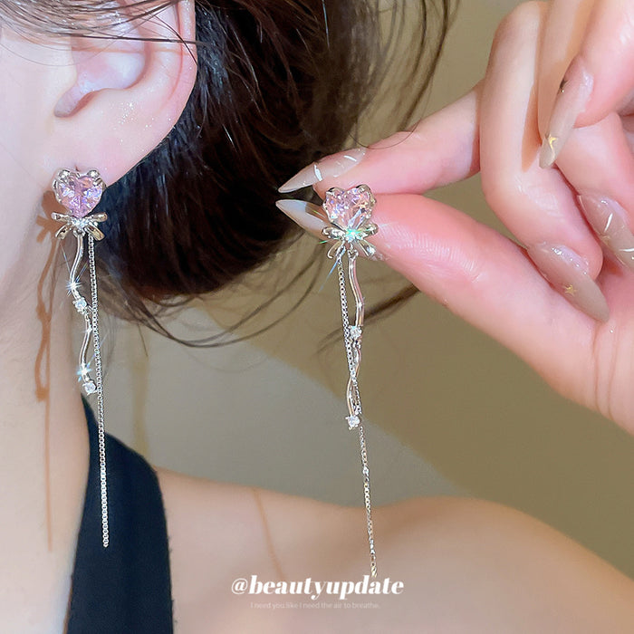 Purple Butterfly and Heart Chain Drop Stud Earrings