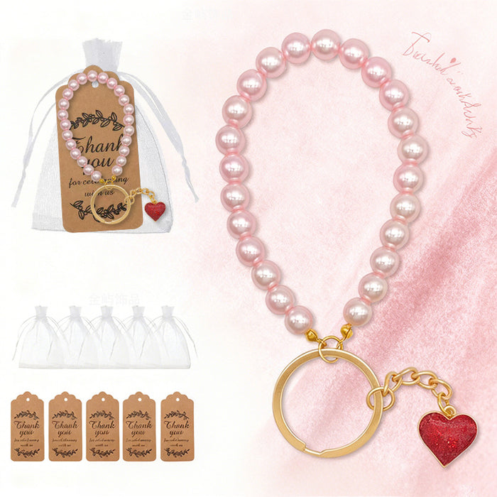 Pink Faux Pearl Wristlet Keychain Red Glitter Heart Charm