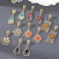 Six Design Gold Tone Geometric Resin Pressed Flower Drop Stud Earrings view 1