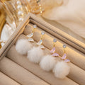 Butterfly White Pom Pom Long Stud Earrings in Two Colors view 2