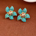 Turquoise Floral Crystal Stud Earrings with Polished Metal Tone Details view 6