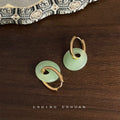 Gold Green Glass Safety Coin Disc Huggie Earrings Pair view 3