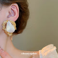 Gold Tone Irregular White Pearl Triangle Stud Earrings view 3