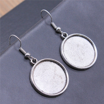 Round Cabochon Tray Dangle Earrings in Two Antique Finishes