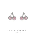 Silver-Tone Pink Cat Eye Glass Cherry Stud Earrings view 3