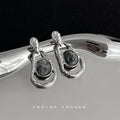 Silver Tone Irregular Double Frame Smoky Oval Stone Drop Earrings view 4