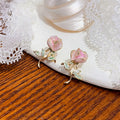 Pink Rose Green Leaf Gold Tone Branch Stud Earrings view 4