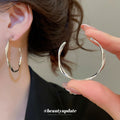 Silver Tone Wavy Outline Large Open Hoop Stud Earrings view 1