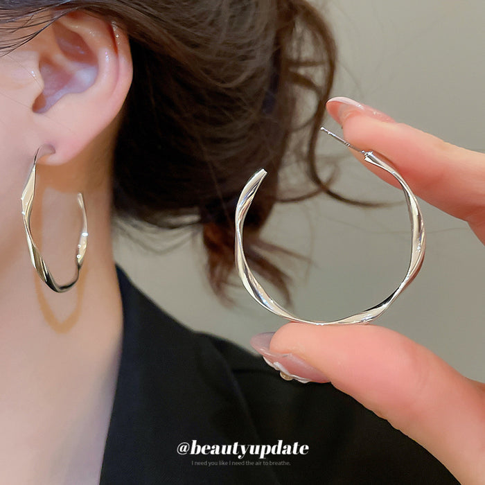 Silver Tone Wavy Outline Large Open Hoop Stud Earrings