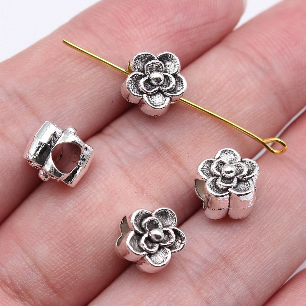 9x9x9mm 1.5g Antique Silver Zinc Alloy Flower Large Hole Beads for DIY Bracelet Necklace Making