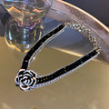 Black Crystal Rhinestone Rose Flower Choker Necklace Silver view 6
